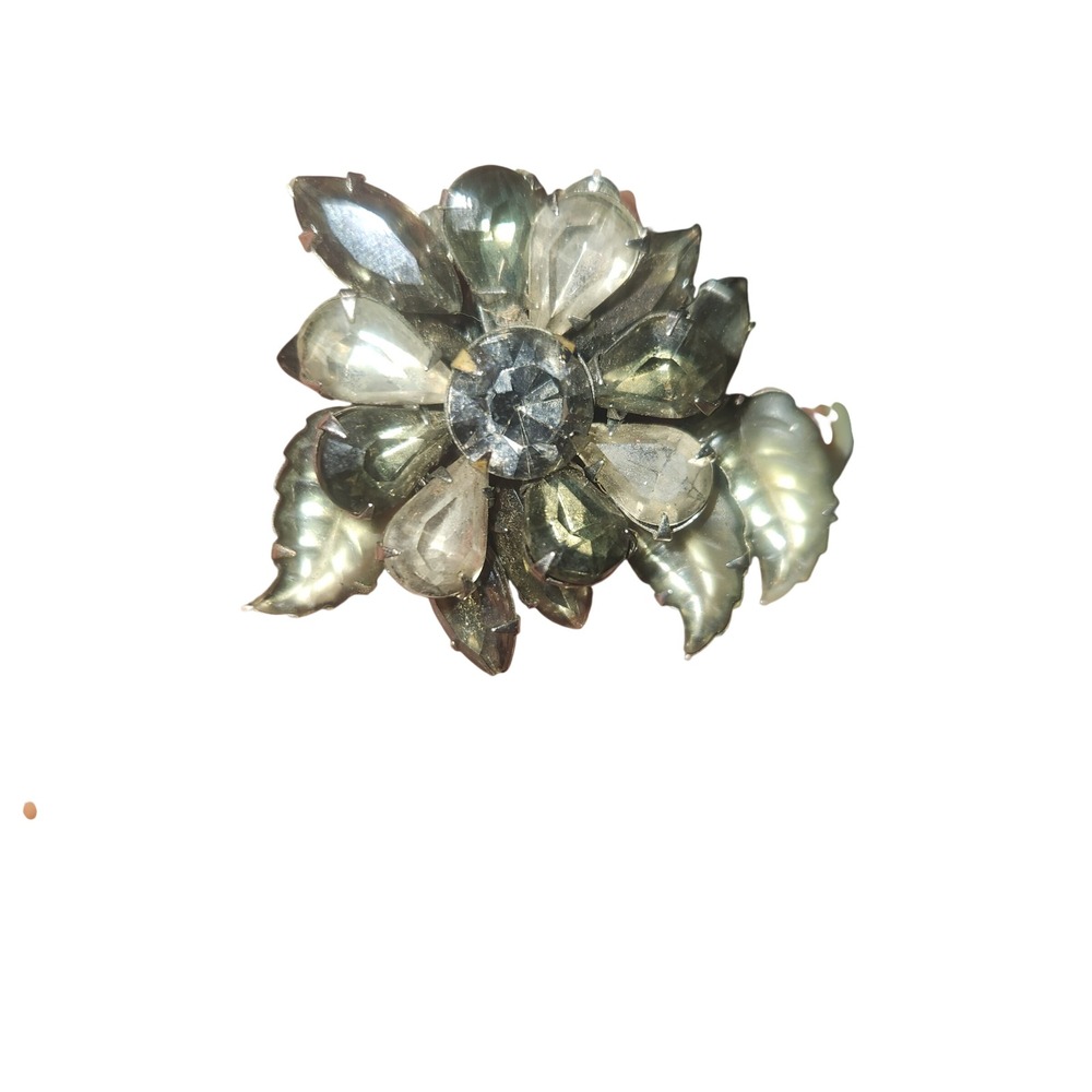 Vintage  Rhinestone Flower Brooch Silver Tone Floral Pin smoky‎ gray